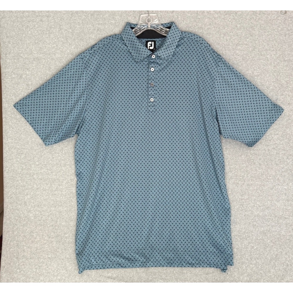 FootJoy Polo Shirt Men Large Blue Palm Tree Print Golf Short Sleeve Rio Secco